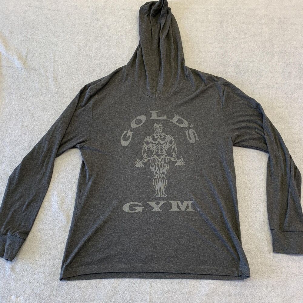 Gold's Gym Hoodie Mens Large Gray Lightweight V Neck Graphic Logo Pullover
